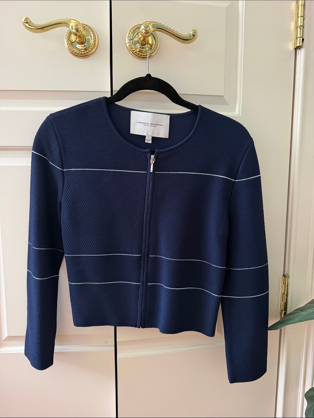 Carolina Herrera Navy and White Zip-Front Cropped Cardigan